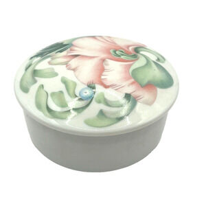 White Green Limoges Porcelain Trinket Box Floral 4” X 2”